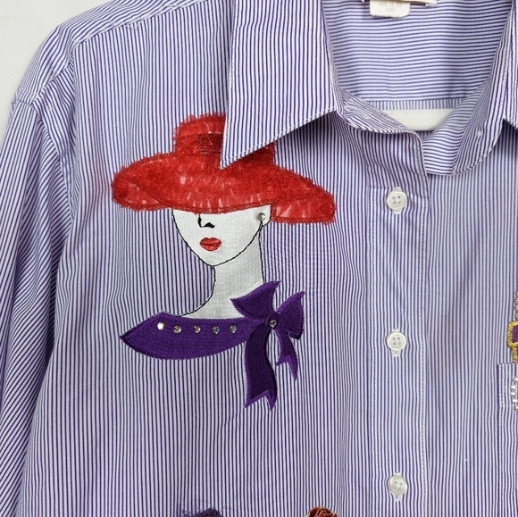 Vintage 90s Tia Design L Button Up Shirt Top Blouse Heels Hats Shopping Novelty - Picture 4 of 10